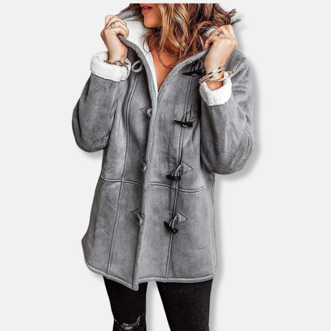 EB | Jacke Fleece Kapuze Knopfverschluss Lässiger Schnitt Mittel-Lang