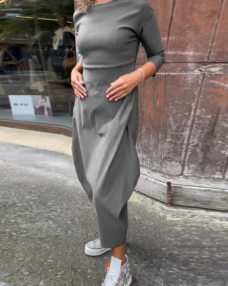 EB | Schlichtes Einfarbiges Elegantes Kleid mit Langen Ärmeln und Tasche