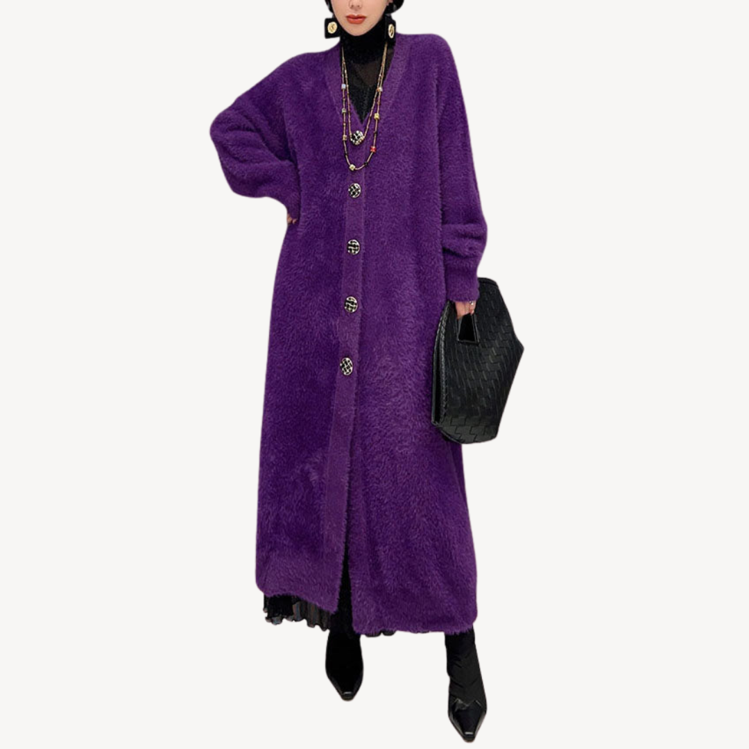 EB | Damen Langer Lila Flauschiger Mantel
