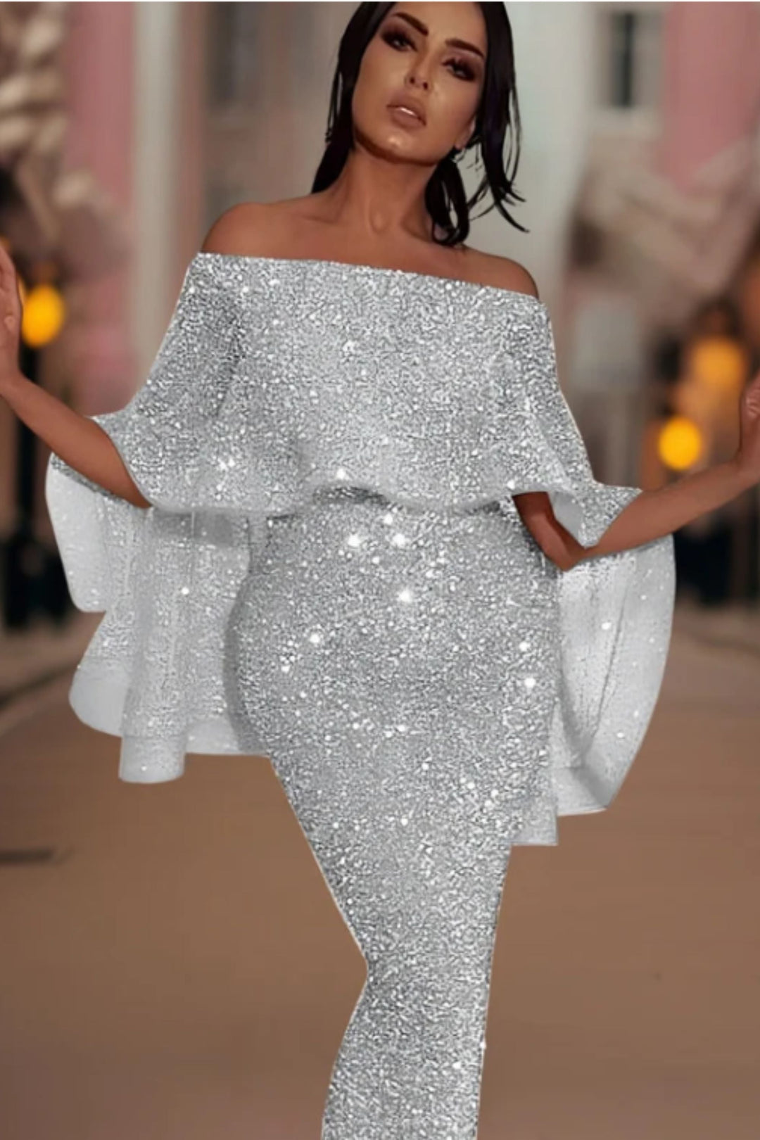 EB | Off-Shoulder Glitzer Maxi Kleid