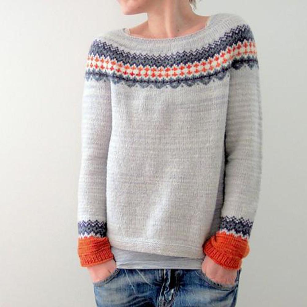 EB | Grau Strickpullover mit Farbenfrohem Muster Wollmischung Warm und Bequem