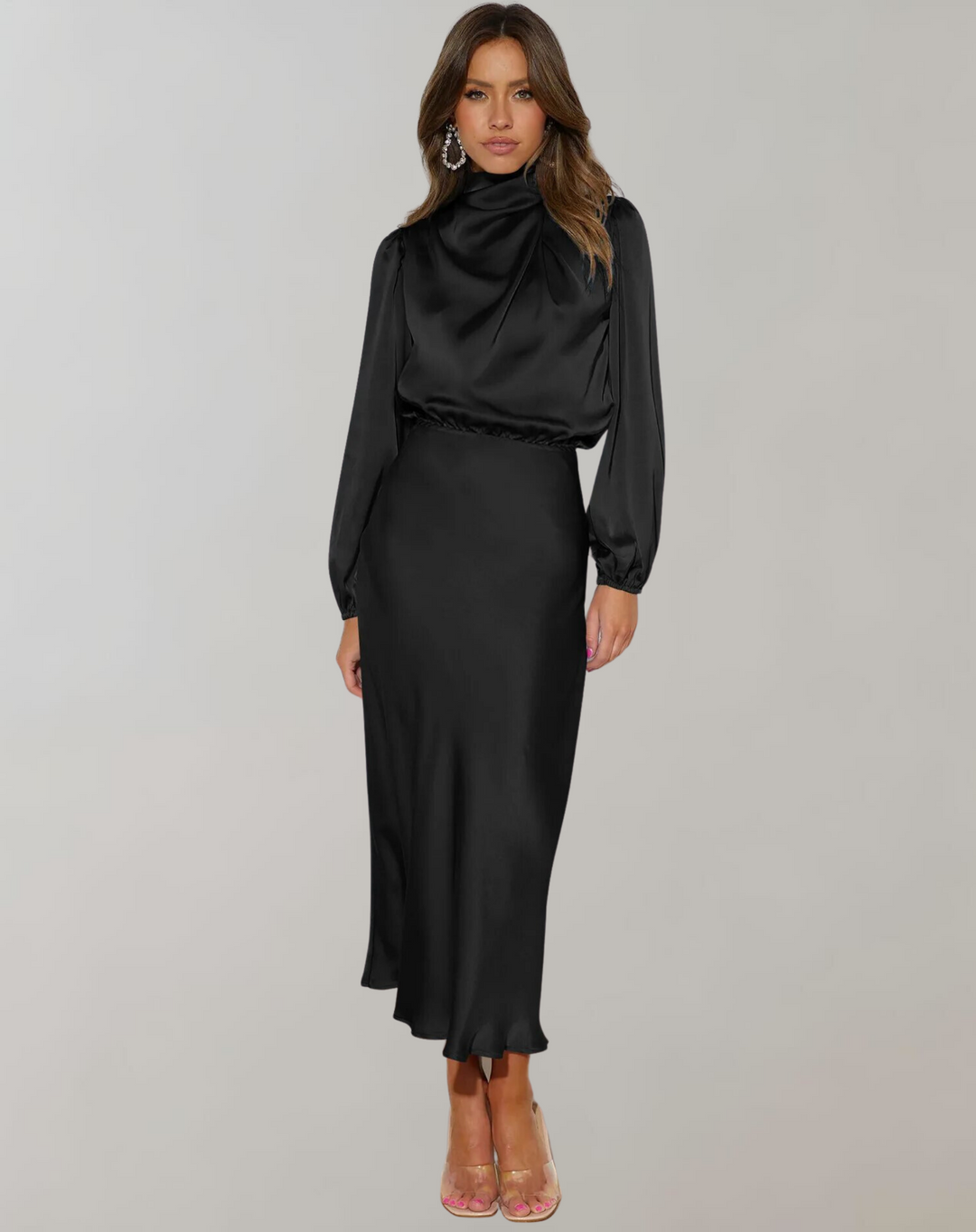 Elegante Satin Kleid Mit Langen Ärmeln