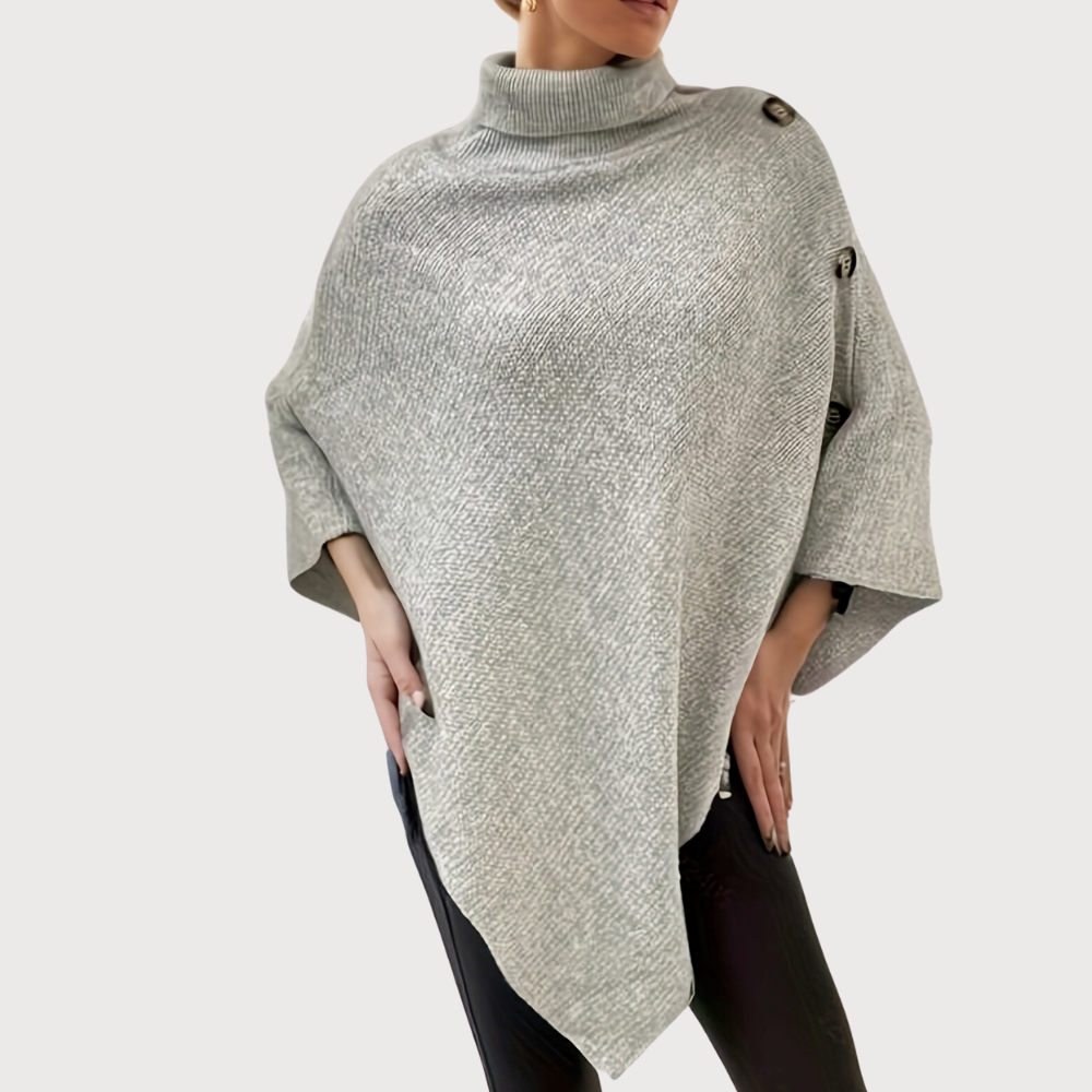 EB | Asymmetrischer Poncho mit Knöpfen Stricktextur Moderner Stil