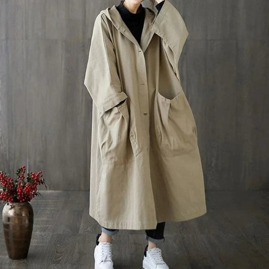 EB | Trenchcoat - Oversized Fit - Kapuze und Große Seitentaschen - Knopfverschluss
