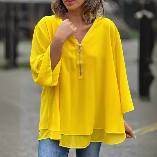 EB | Chiffon Reißverschluss Top mit V-Ausschnitt