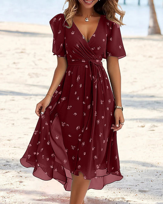 EB | Elegantes Bedrucktes Kleid mit V-Ausschnitt und Krawatte