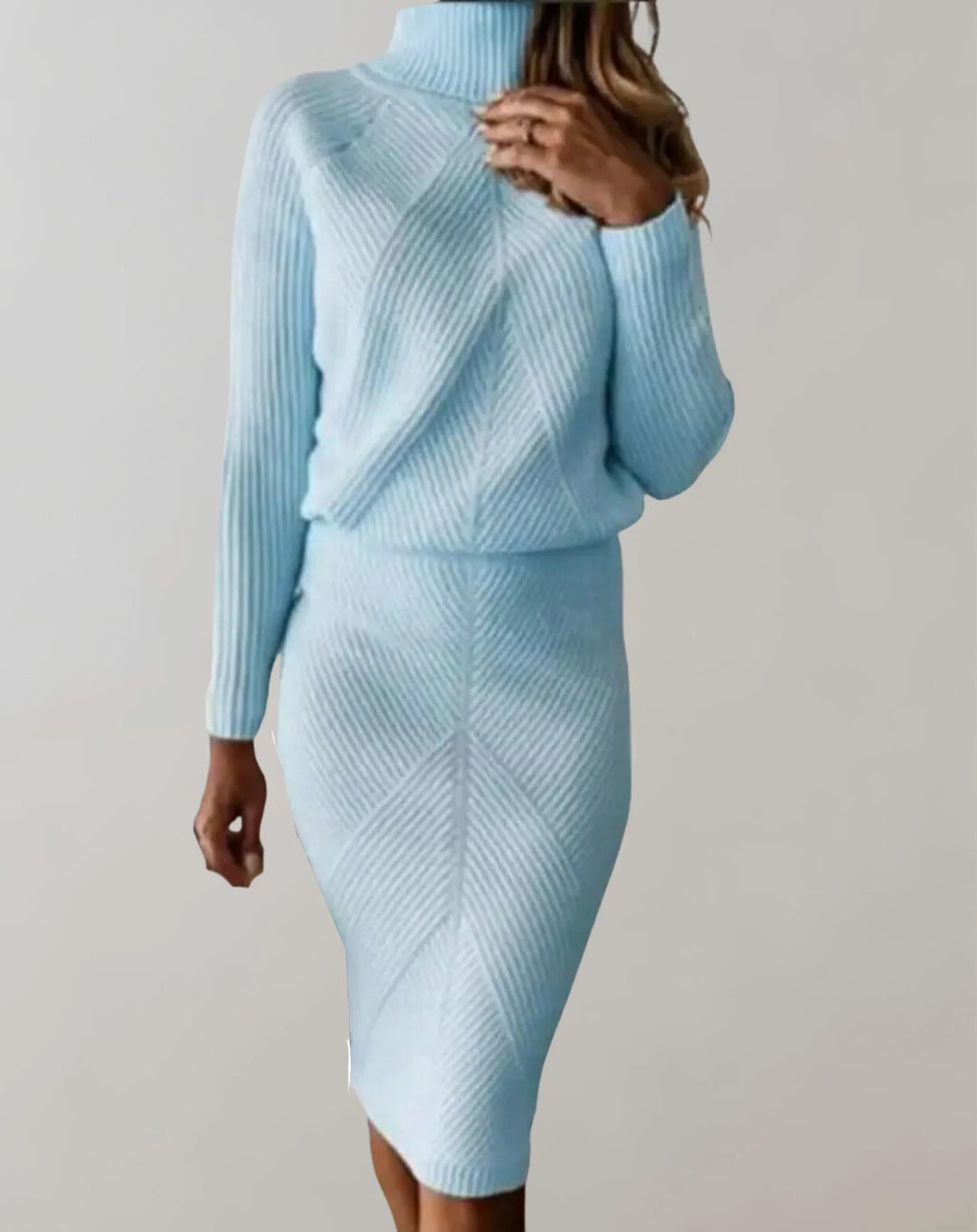 EB | Satz Gerippter Zweiteiler Slim Passform Rollkragenpullover und Midi Rock