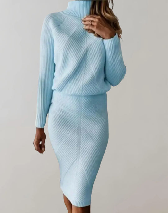 EB | Satz Gerippter Zweiteiler Slim Passform Rollkragenpullover und Midi Rock