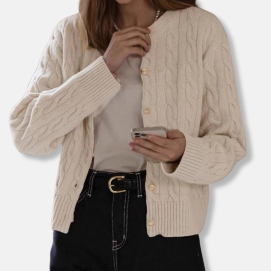 EB | Wolle Kabelstrick Strickjacke Gekürzter Rundhals Strickjacke
