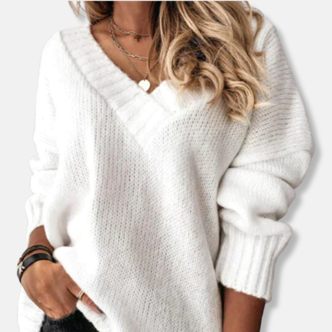EB | Wolle V-Ausschnitt Pullover Lockere Passform Rippdetails Pullover