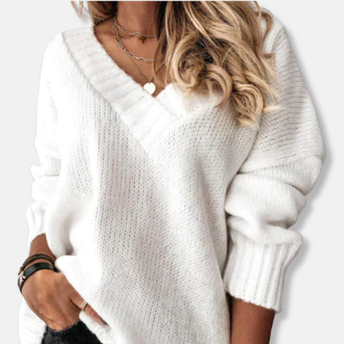 EB | Wolle V-Ausschnitt Pullover Lockere Passform Rippdetails Pullover
