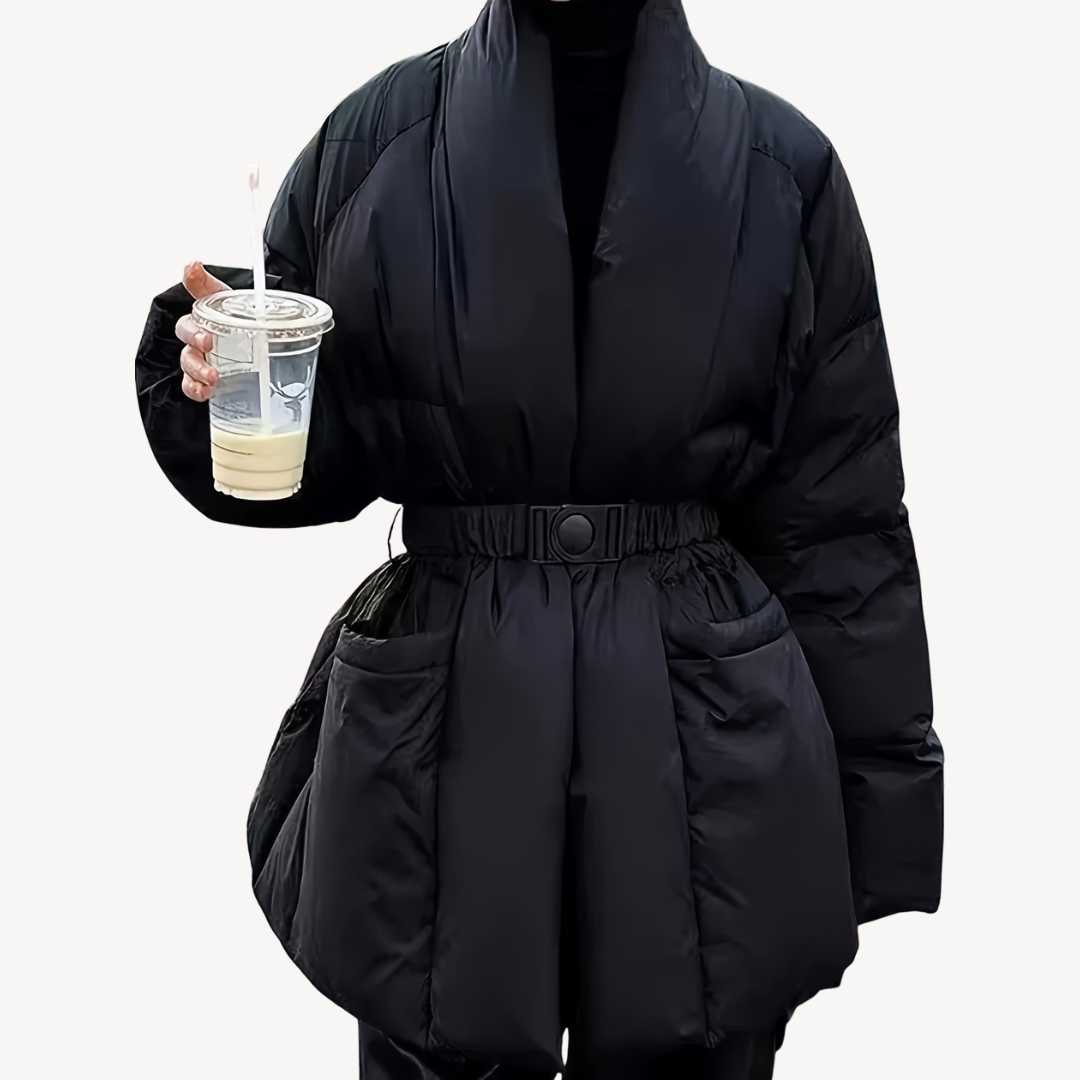 EB | Damen Schwarze Pufferjacke mit Gürtel – Polyester
