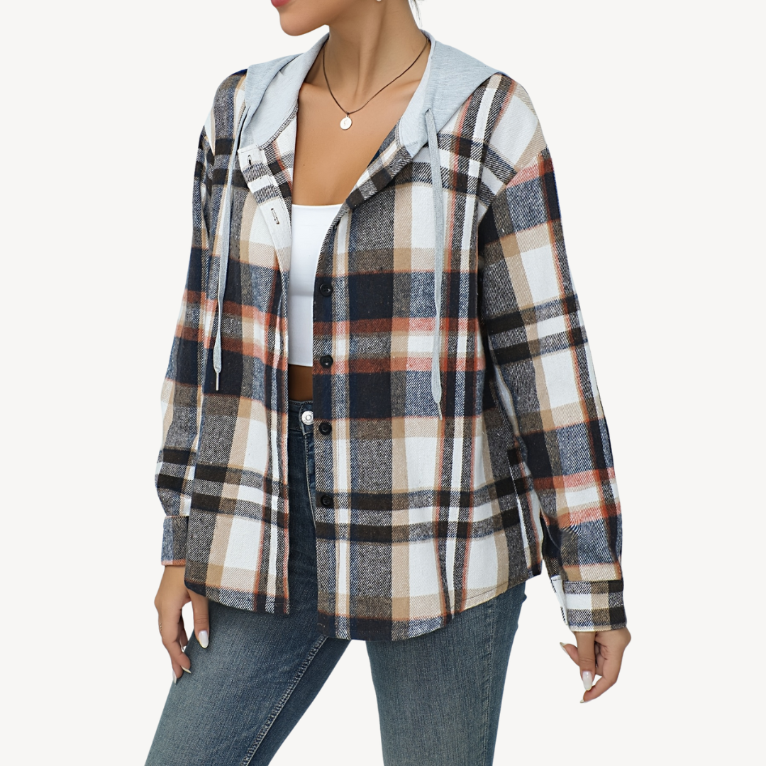 EB | Damen Karo Button-Down Shaket mit Kapuze