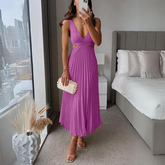 EB | Midi Kleid Ärmellos V-Ausschnitt Twist Front & Cut Out Detail Plissierter Rock