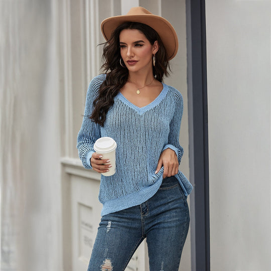 EB | Strickpullover Lockere Passform V-Ausschnitt Rippstruktur Lange Ärmel