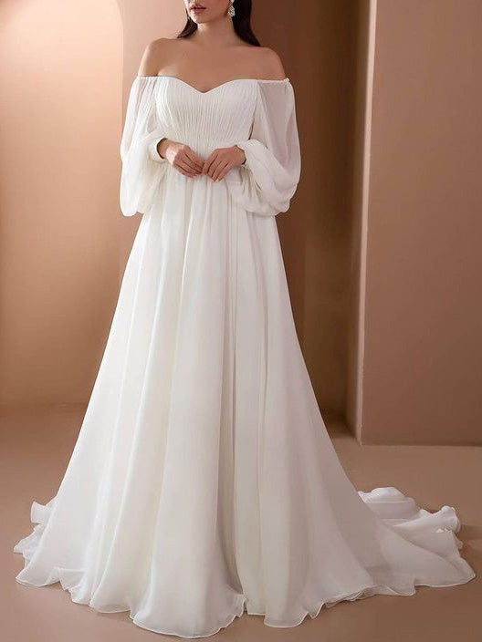 Romantisches Off-Shoulder Langarm Weißes Brautkleid für Hochzeit | EB