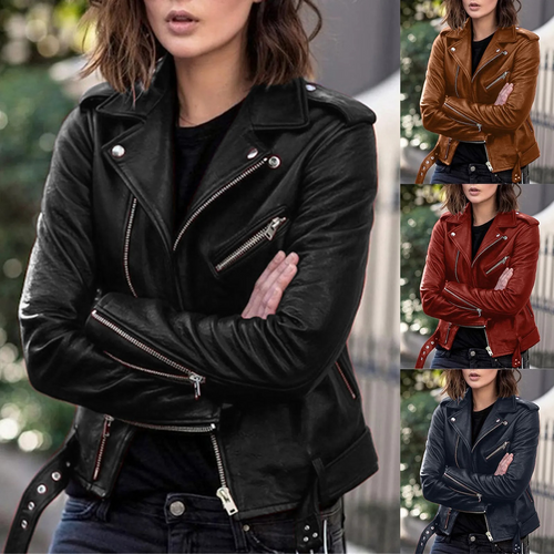 EB | jacke Damen Biker Modell mit Gürtel und Reißverschlussdetails