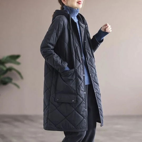 EB | Modern langer einfarbiger gepolsterter Mantel mit Knöpfen Ideal für Herbst/Winter