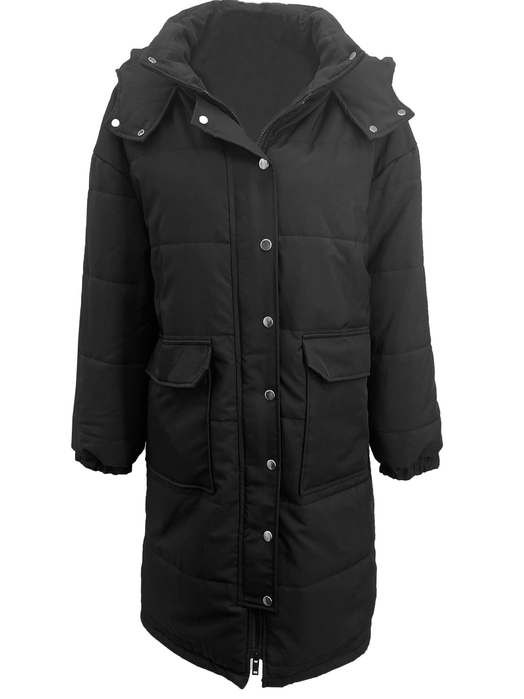 EB | Stylischer Puffer Schwarzer Wintermantel mit Kapuze und Polsterung Ideal für Herbst/Winter
