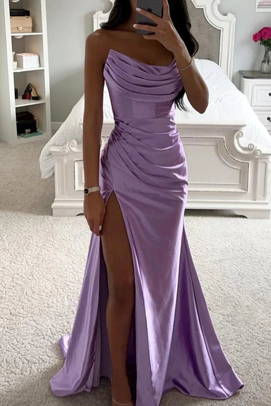 EB | Glänzendes Satin Off-Shoulder Falten Spalte Abend Maxi Kleid