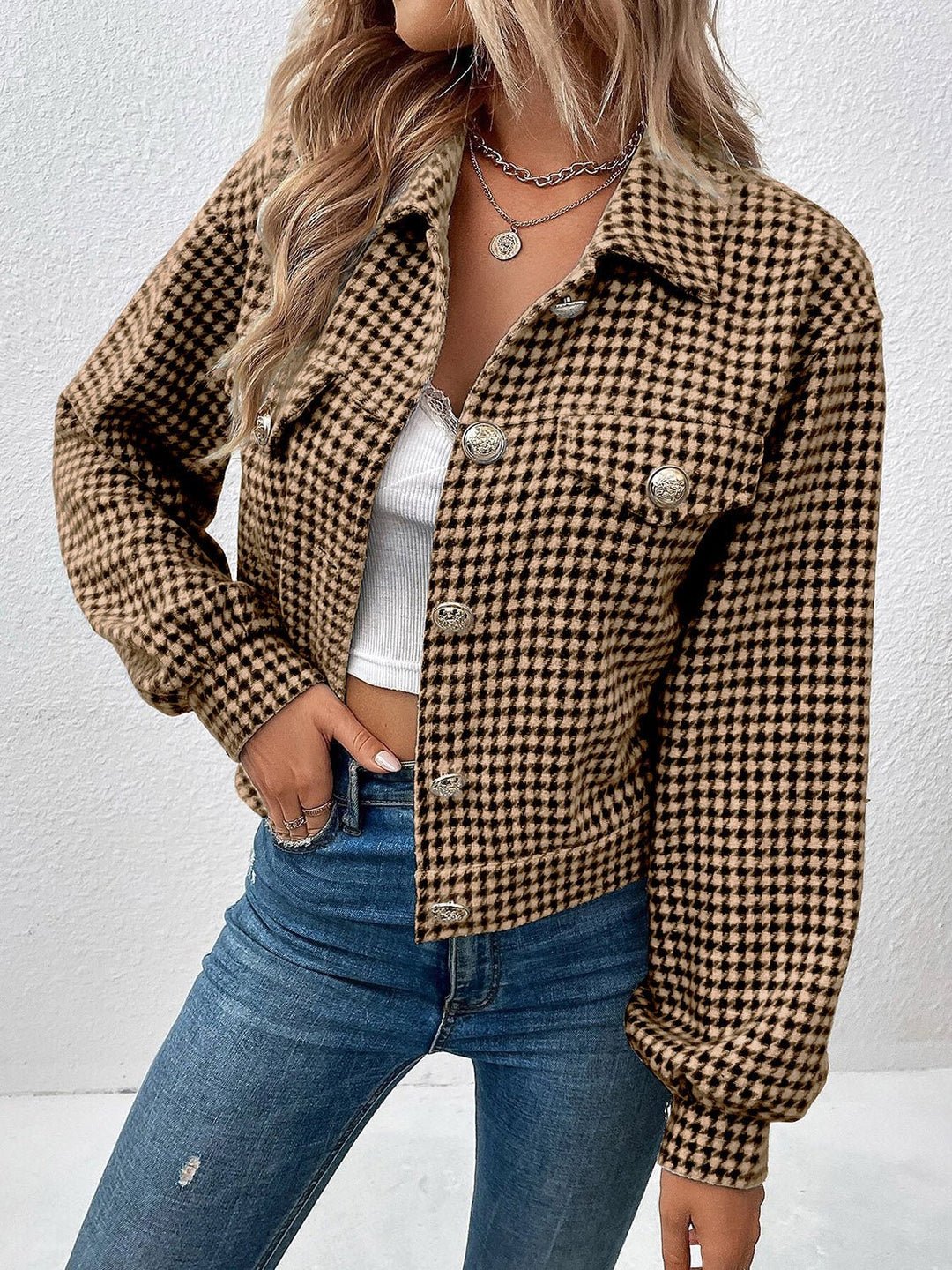 EB | Kurze Jacke mit Hahnentritt-muster Knopfverschluss Schick und Klassischer Stil