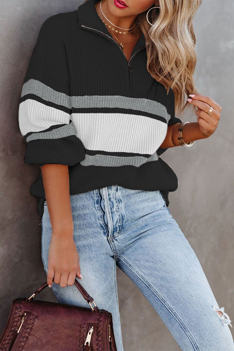 EB | Gemütlicher, Bequemer Strickpullover mit Reißverschluss und Patchwork-Kragen