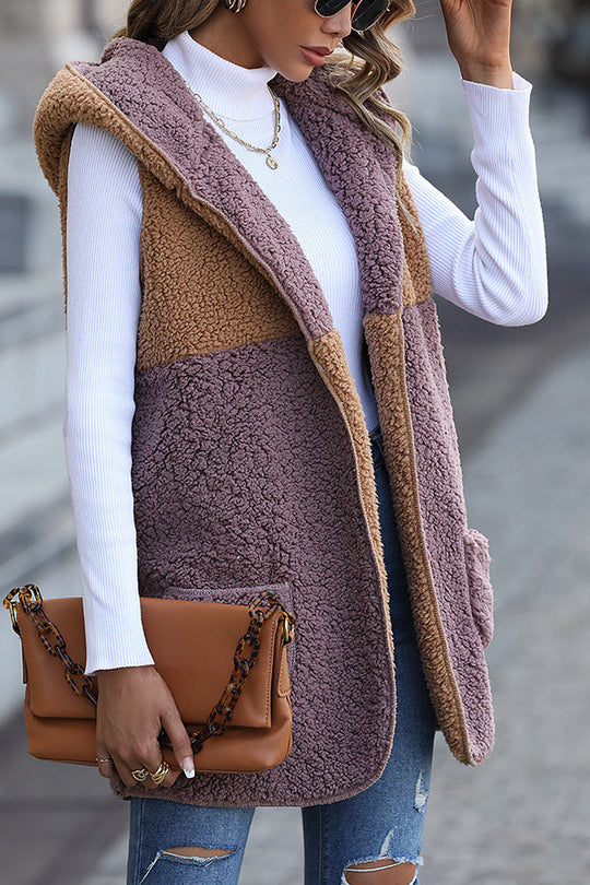 EB | Ärmelloser Colorblock-Taschenloser Mid-Length Cardigan Puff-Velours-Jacke
