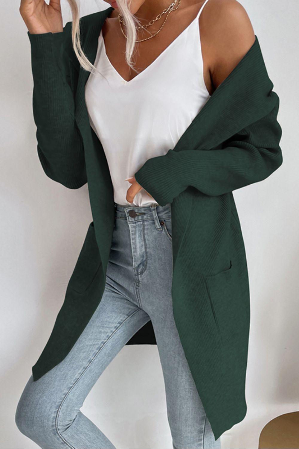 EB | geripptes offen-front Cardigan mit Kapuze und Taschen