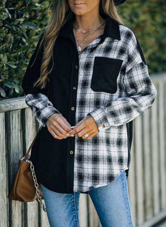 EB | Karierte Farbblock Gefallen Schulter Corduroy Shacket