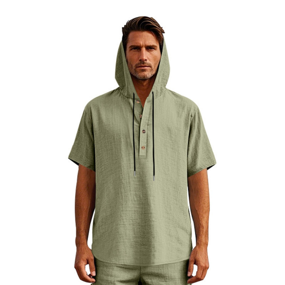 EB | Leinen-Knopf-Strand-Kapuzen-Henley-Shirt