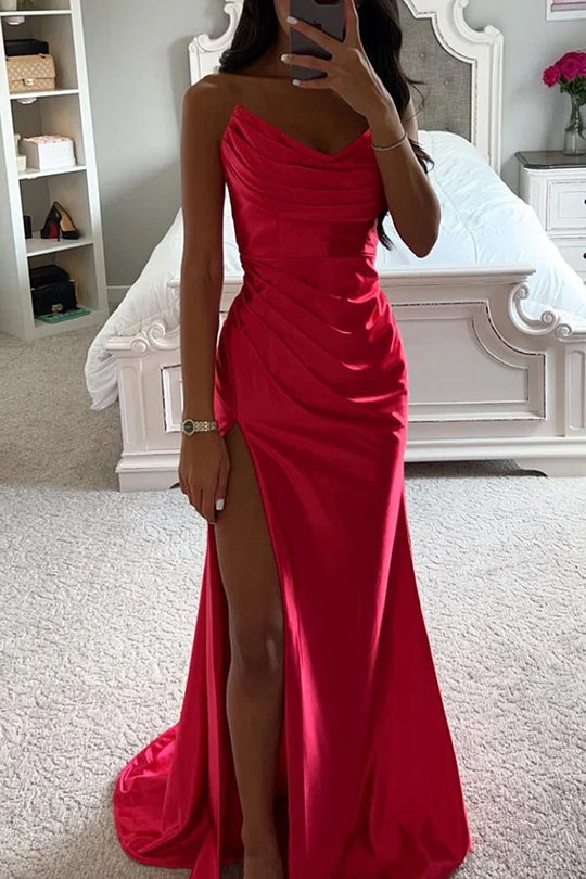 EB | Glänzendes Satin Off-Shoulder Falten Spalte Abend Maxi Kleid