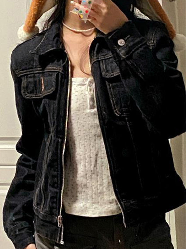EB | Schwarze Denim Reverskragen Reißverschluss Kurze Jacke