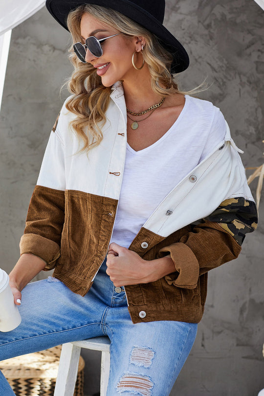 EB | Leopard Farbblock Knopfleiste Cord Baumwolljacke