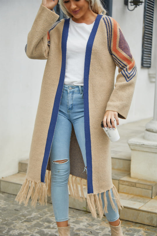 EB | Geometric Fringe Hem Offene Front Duster Cardigan