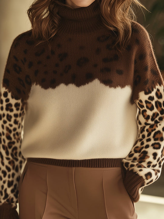 EB | Leopardenmuster Strickpullover Elegant und Modern Hochkragen Design