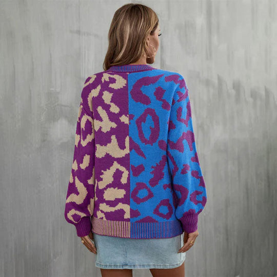 EB | Pullover - Damen Herbst Farbblock Leopard Strickpullover
