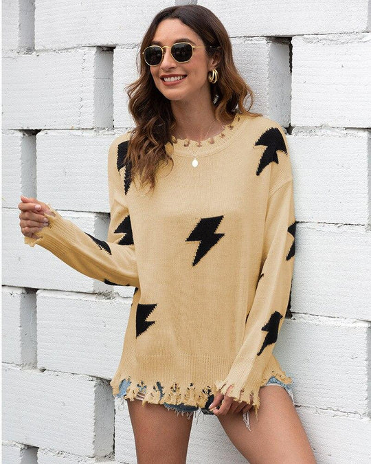 EB | Strickpullover Lockere Passform Blitzmuster & Fransen Saum