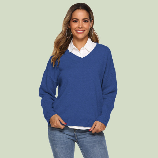 EB | Strickpullover V-Ausschnitt Lockere Passform Lange Ärmel Weich und Bequem