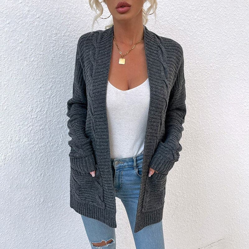 EB | Cardigan - Strick Kabelstrick - Offene Front - Lange Ärmel mit Taschen