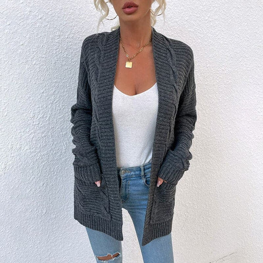 EB | Cardigan - Strick Kabelstrick - Offene Front - Lange Ärmel mit Taschen