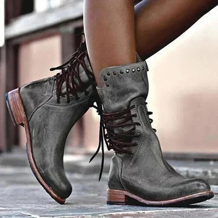 Stylische Lederstiefel Mit Schnürsenkeln EB