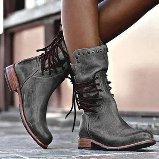 Stylische Lederstiefel Mit Schnürsenkeln EB
