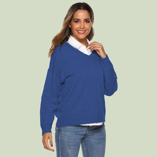 EB | Strickpullover V-Ausschnitt Lockere Passform Lange Ärmel Weich und Bequem
