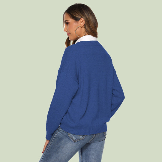 EB | Strickpullover V-Ausschnitt Lockere Passform Lange Ärmel Weich und Bequem
