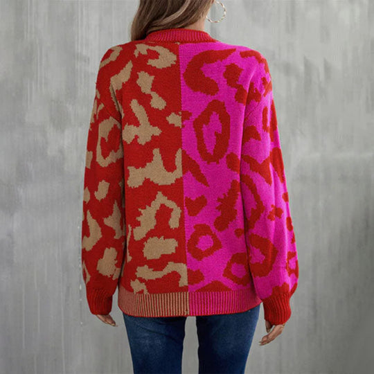 EB | Pullover - Damen Herbst Farbblock Leopard Strickpullover