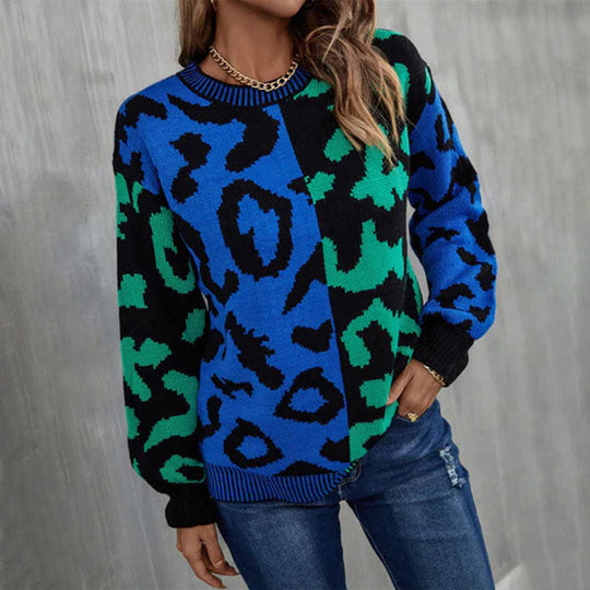EB | Pullover - Damen Herbst Farbblock Leopard Strickpullover