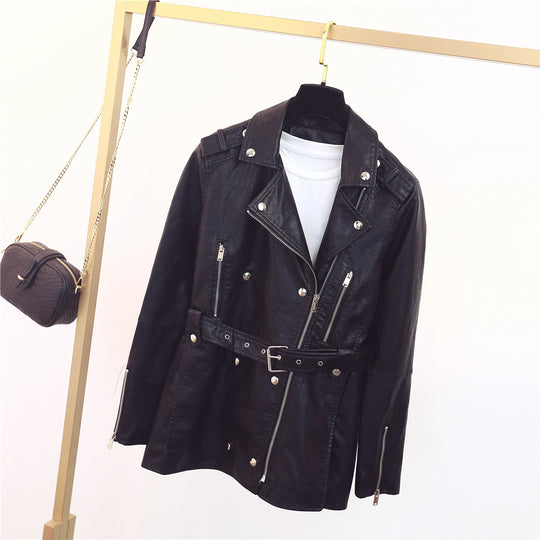 Damen zeitlose Bikerjacke aus Kunstleder mit Gürtel und Reißverschlussdetails EB