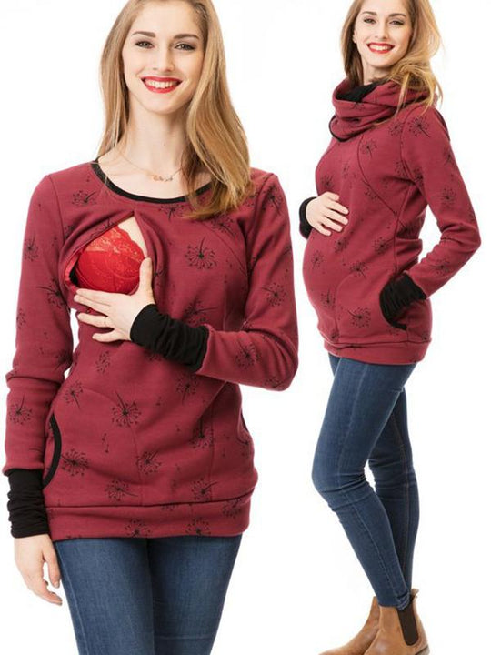 EB Schwangerschafts-Chaps, Krankenschwester-Sweatshirts, Blumendruck, Taschen, Reißverschluss, Stillkleidung