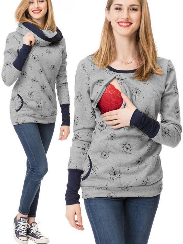 EB Schwangerschafts-Chaps, Krankenschwester-Sweatshirts, Blumendruck, Taschen, Reißverschluss, Stillkleidung