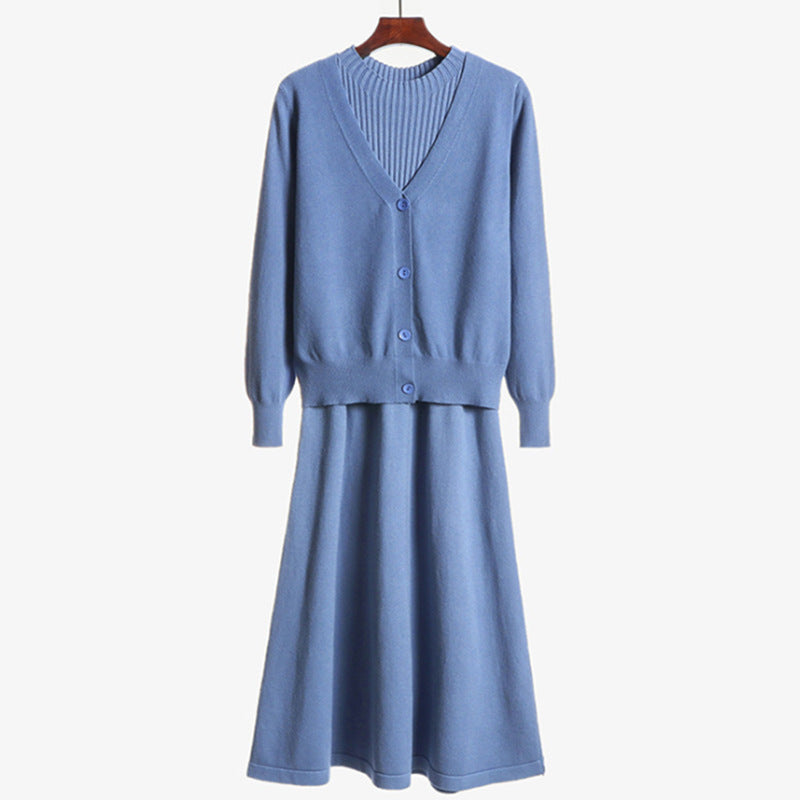 Damen Elegantes Strickkleid- und Cardigan-Set mit V-Ausschnitt und Rippstruktur EB
